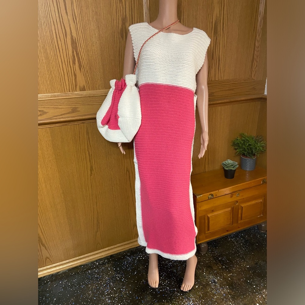 Crochet pink and white dress with matching purse
